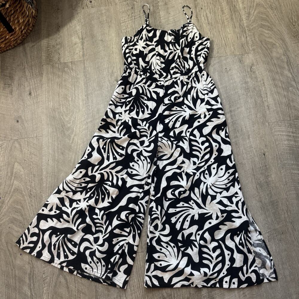 Rachel Zoe Womens XL Spaghetti Strap Linen Blend Jumpsuit White Black Floral